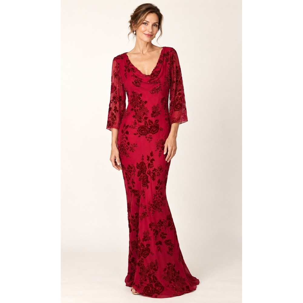Papell Boutique Vintage 90s Evening Dress Women 8 Red Silk Velvet Beaded Gown